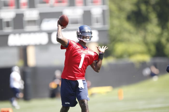May 10, 2013; Seattle Seahawks quarterback Jerrod Johnson (1) passes during a minicamp practice. Mandatory Credit: Joe Nicholson-USA TODAY Sports